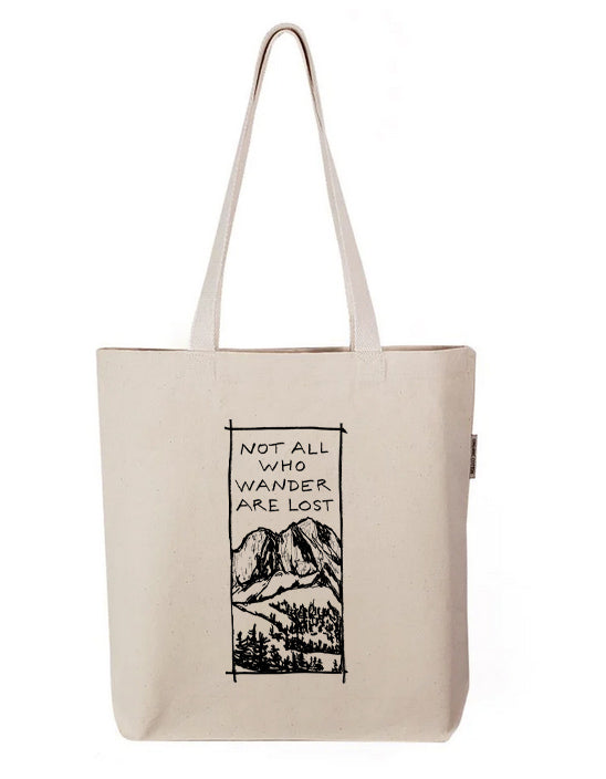 a white tote bag with a picture of a mountain