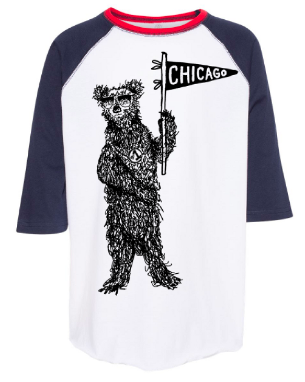 a white and blue baseball shirt with a bear holding a street sign