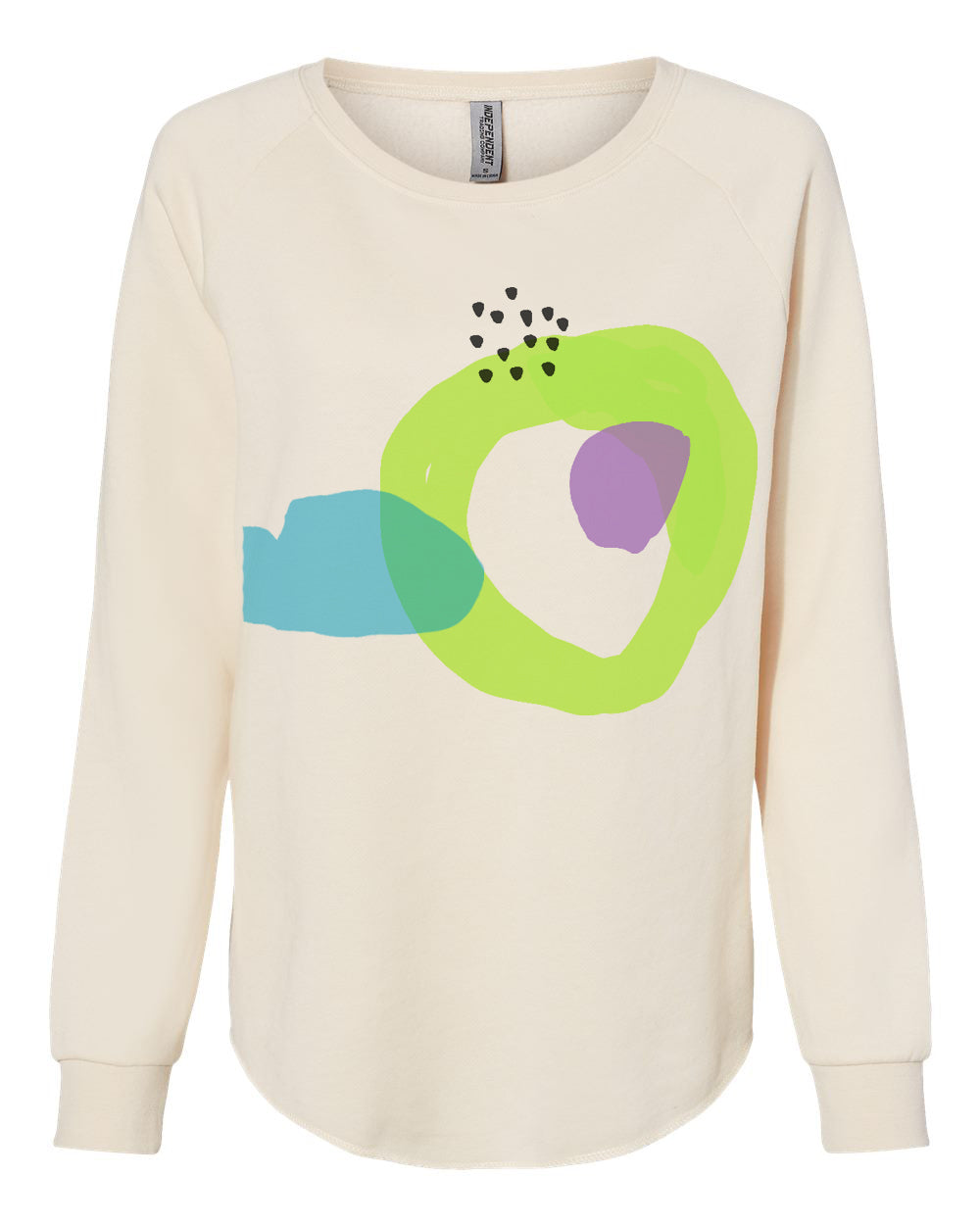 a white sweatshirt with a green and blue graphic on it