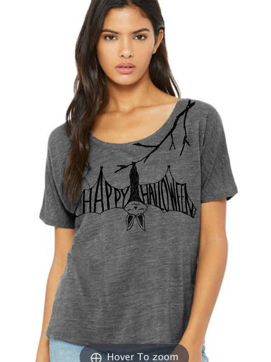 Women's Slouchy Tee – Halloween Bat Graphic Soft Poly Viscose Top by Megan Lee Designs