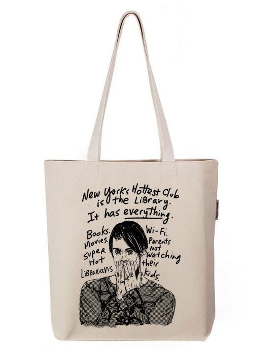 a tote bag with a drawing of a woman's face