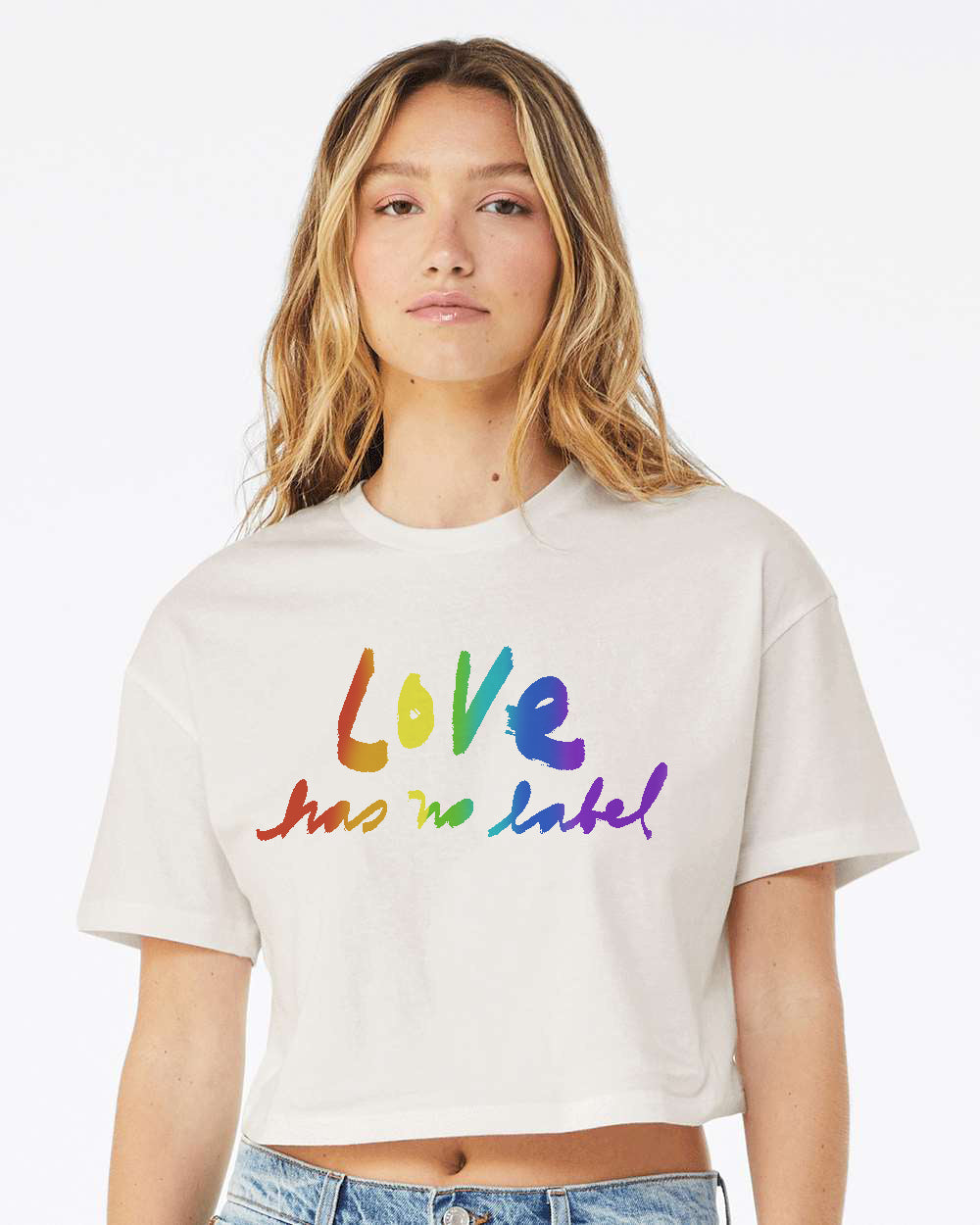 Love has no label : Women's Crop Graphic Tee Silk Screen, Positive Message, Spread Joy, Inclusion