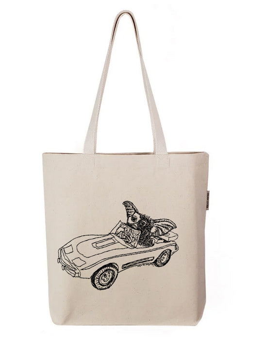 a tote bag with a drawing of a car