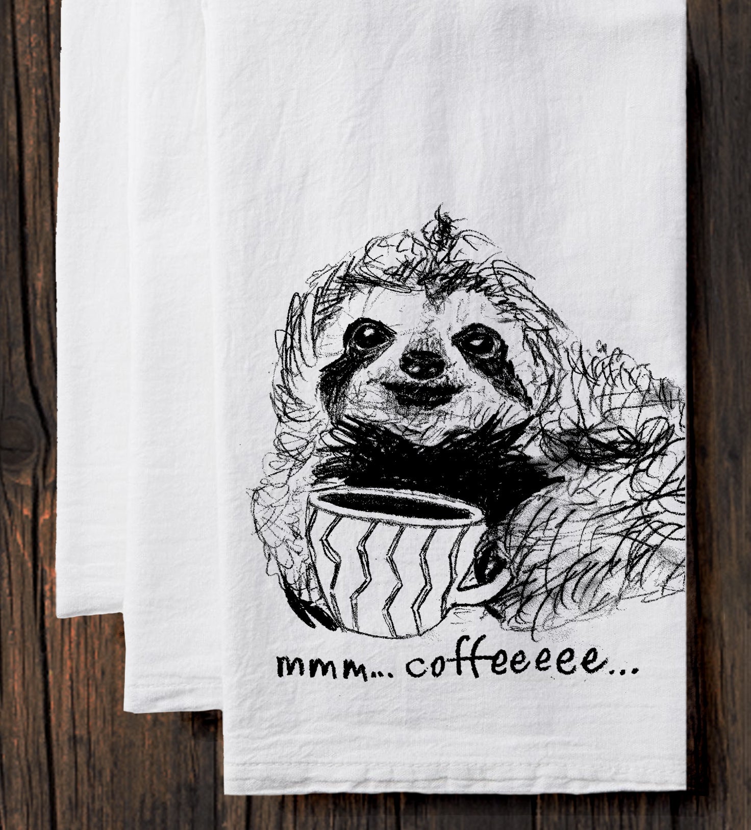 Coffee Sloth Hand Printed Cotton Flour Sack Towel with Hanging Loop