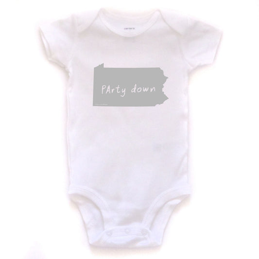 Pennsylvania : PArty down bodysuit (white), Baby Apparel - Megan Lee Designs