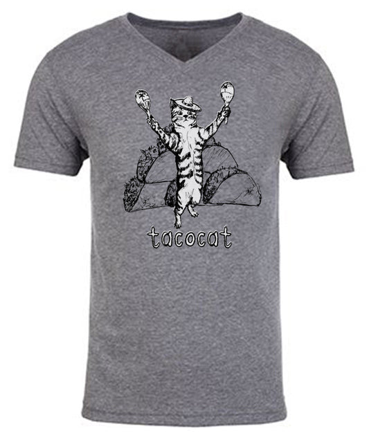 Unisex Tri-Blend V-Neck Tacocat T-Shirt – Soft Eco Friendly Hand Printed Tee
