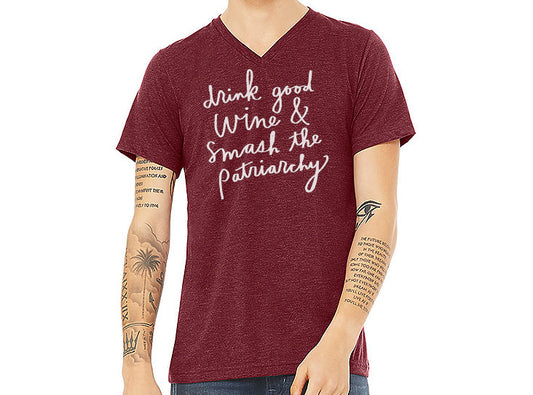 Unisex V-Neck T-Shirt - Hand Printed Drink Wine Tee | Soft Tri Blend Casual Shirt