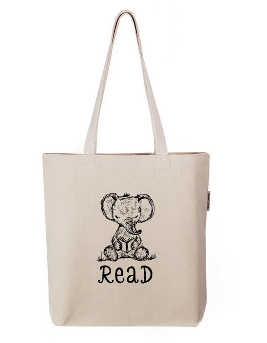 a white tote bag with an elephant on it