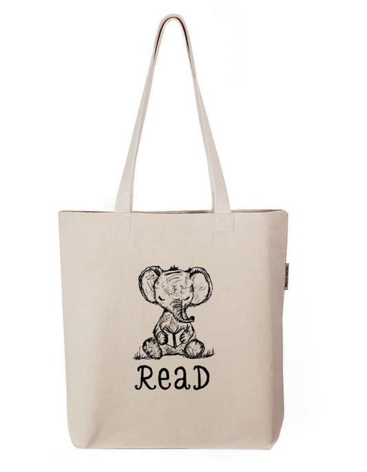 a white tote bag with an elephant on it