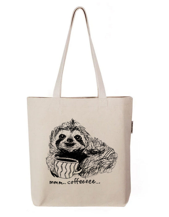 a tote bag with a panda holding a cup of coffee