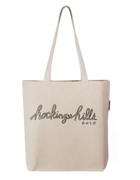 a white tote bag with a logo on it